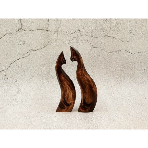 Hand Carved Wooden Figurine Cats Couple Unique Handmade Home Decor - Picture 2 of 4